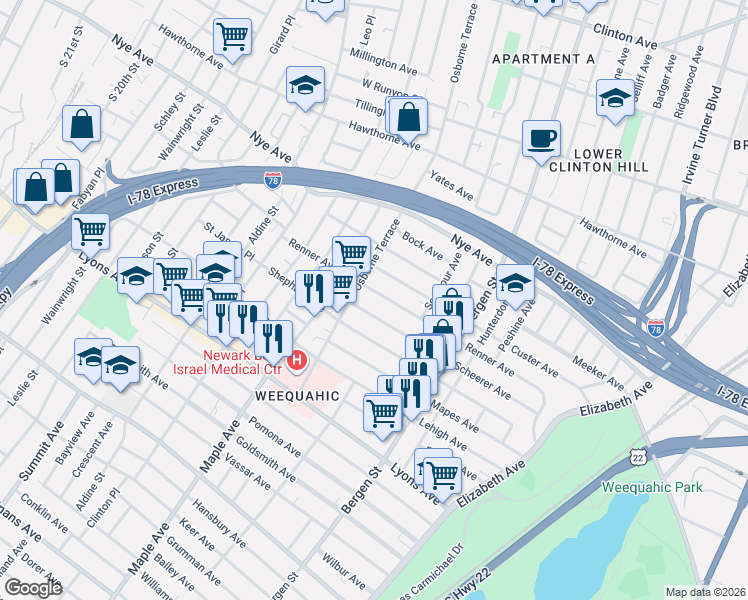 map of restaurants, bars, coffee shops, grocery stores, and more near 249 Renner Avenue in Newark