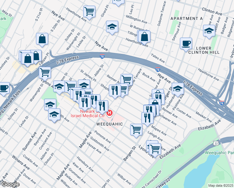 map of restaurants, bars, coffee shops, grocery stores, and more near 133 Huntington Terrace in Newark