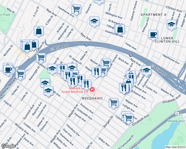 map of restaurants, bars, coffee shops, grocery stores, and more near in Newark