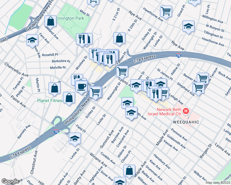 map of restaurants, bars, coffee shops, grocery stores, and more near 248 Schley Street in Newark