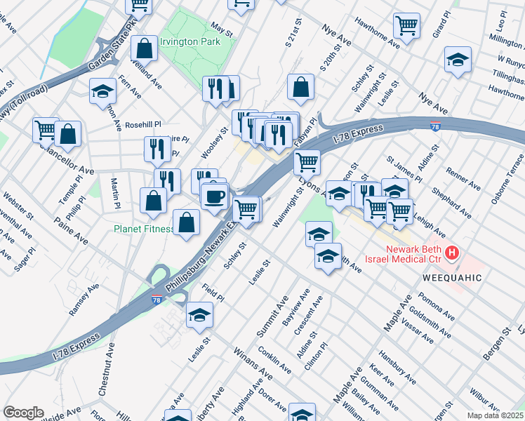 map of restaurants, bars, coffee shops, grocery stores, and more near 259 Schley Street in Newark