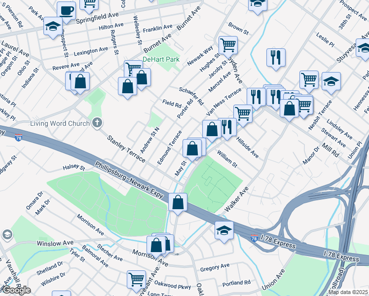 map of restaurants, bars, coffee shops, grocery stores, and more near 1681 Van Ness Terrace in Union