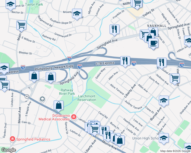 map of restaurants, bars, coffee shops, grocery stores, and more near 2835 Debra Way in Union