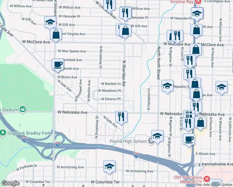 map of restaurants, bars, coffee shops, grocery stores, and more near 709 West Meadows Place in Peoria