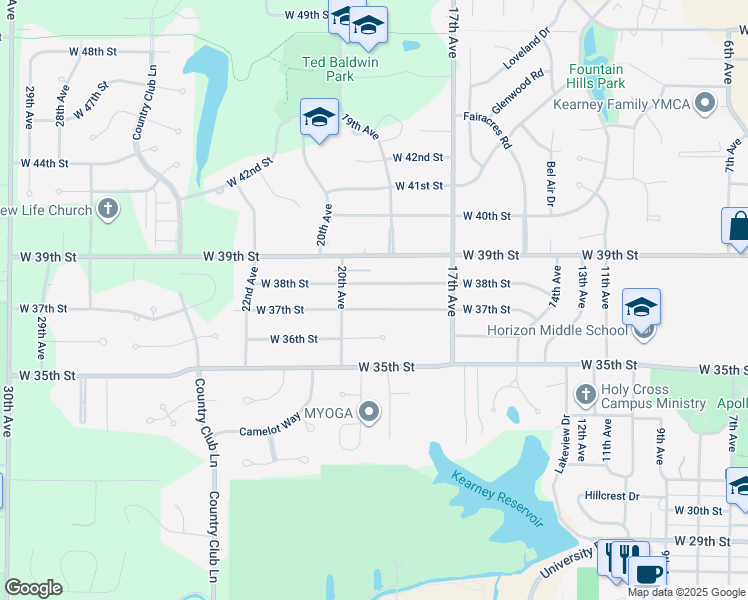 map of restaurants, bars, coffee shops, grocery stores, and more near 1914 West 38th Street in Kearney
