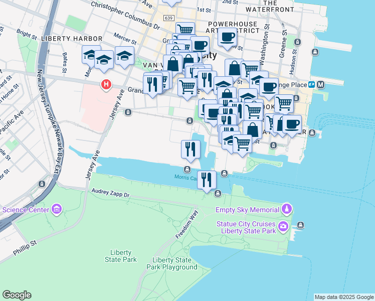 map of restaurants, bars, coffee shops, grocery stores, and more near 37 Marin Boulevard in Jersey City
