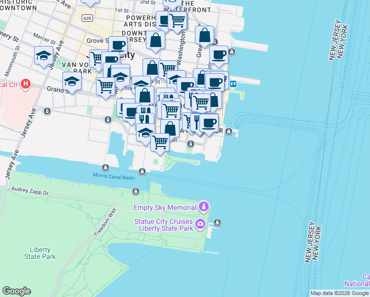 map of restaurants, bars, coffee shops, grocery stores, and more near 76 Essex Street in Jersey City