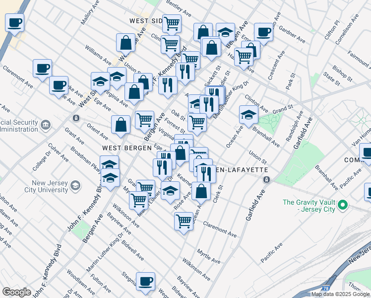 map of restaurants, bars, coffee shops, grocery stores, and more near 61 Virginia Avenue in Jersey City