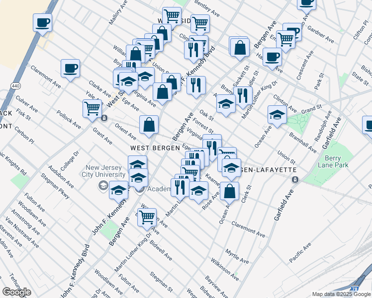 map of restaurants, bars, coffee shops, grocery stores, and more near 111 Ege Avenue in Jersey City