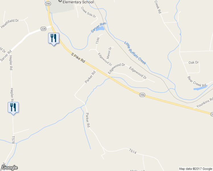 map of restaurants, bars, coffee shops, grocery stores, and more near 302 South Pike Road in Sarver