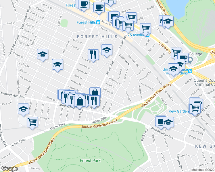 map of restaurants, bars, coffee shops, grocery stores, and more near 21 Ingram Street in Queens