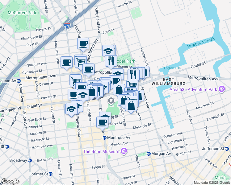 map of restaurants, bars, coffee shops, grocery stores, and more near Grand Street & Waterbury Street in Brooklyn