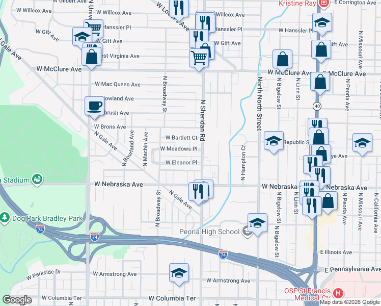 map of restaurants, bars, coffee shops, grocery stores, and more near 709 West Meadows Place in Peoria