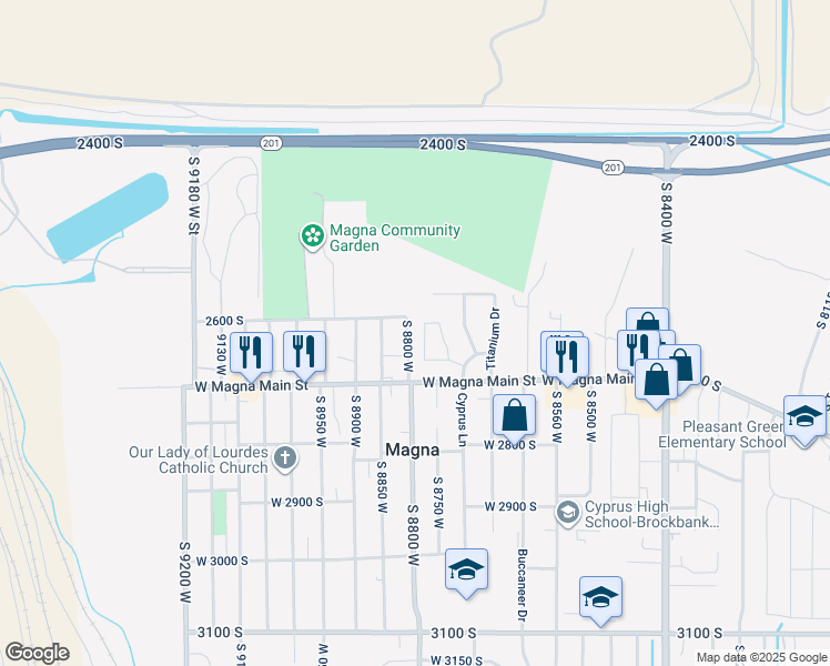 map of restaurants, bars, coffee shops, grocery stores, and more near 2623 South 8800 West in Magna