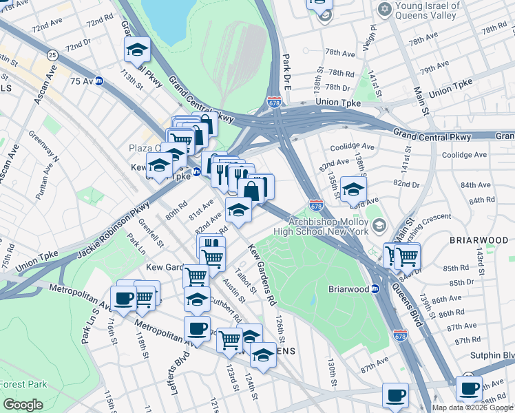 map of restaurants, bars, coffee shops, grocery stores, and more near 124-28 Queens Boulevard in Queens