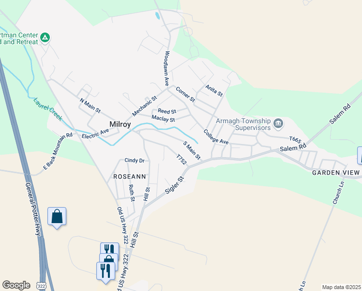 map of restaurants, bars, coffee shops, grocery stores, and more near 124 South Main Street in Milroy