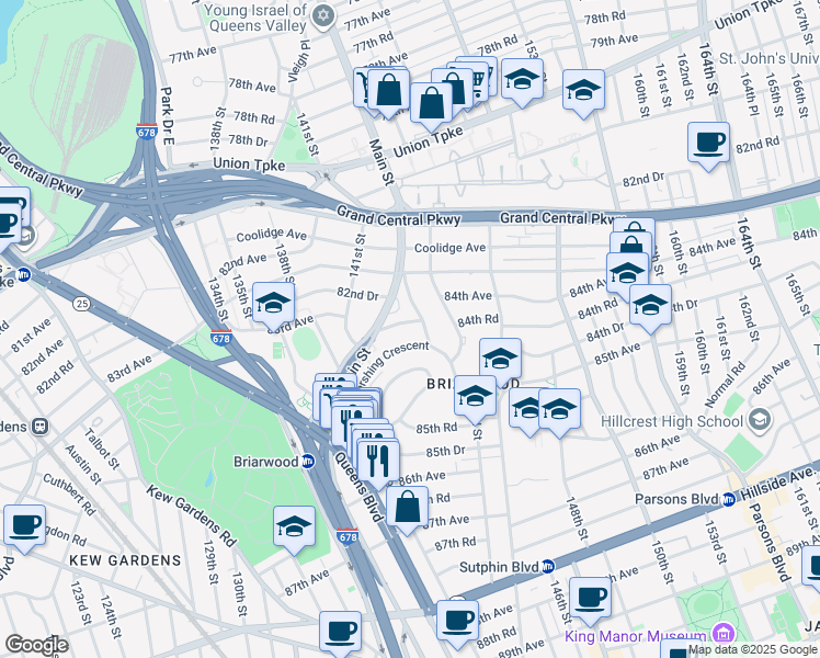 map of restaurants, bars, coffee shops, grocery stores, and more near 141-71 84th Road in Queens