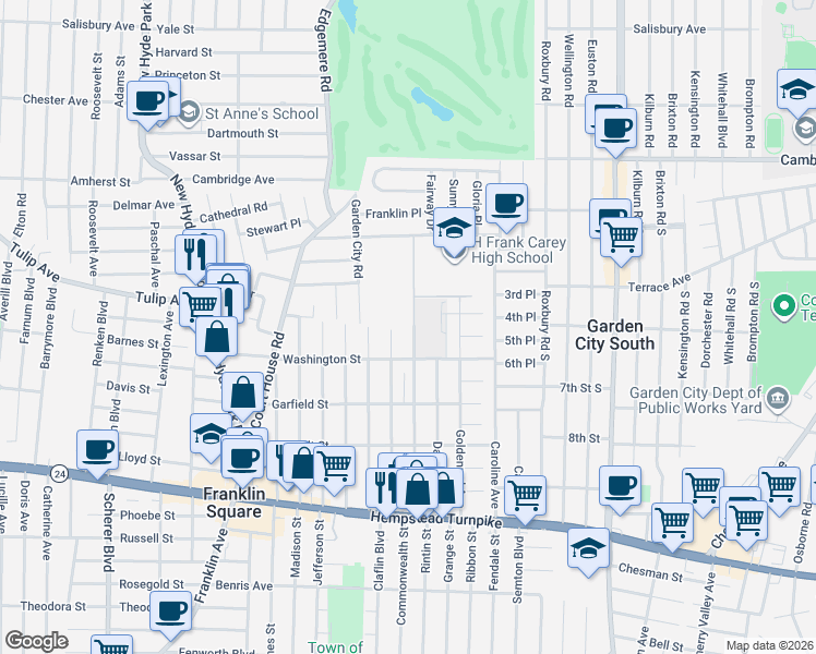 map of restaurants, bars, coffee shops, grocery stores, and more near 217 Poppy Avenue in Franklin Square
