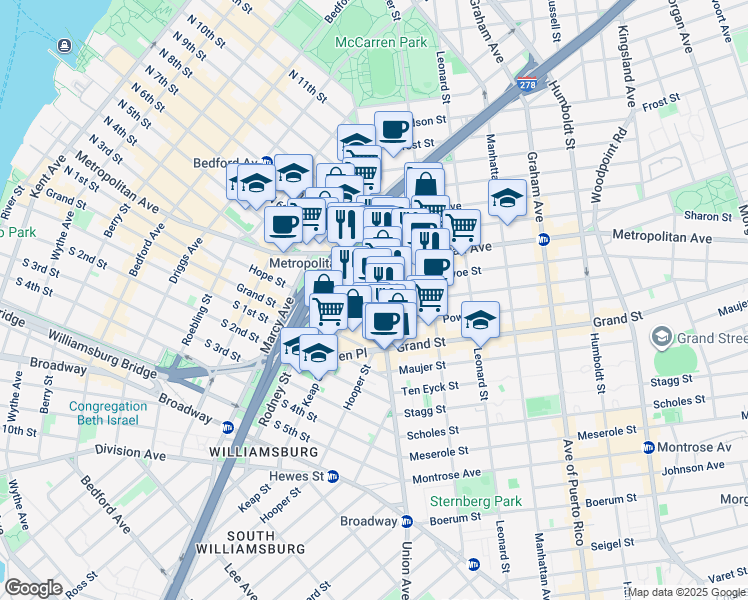 map of restaurants, bars, coffee shops, grocery stores, and more near 405 Union Avenue in Brooklyn