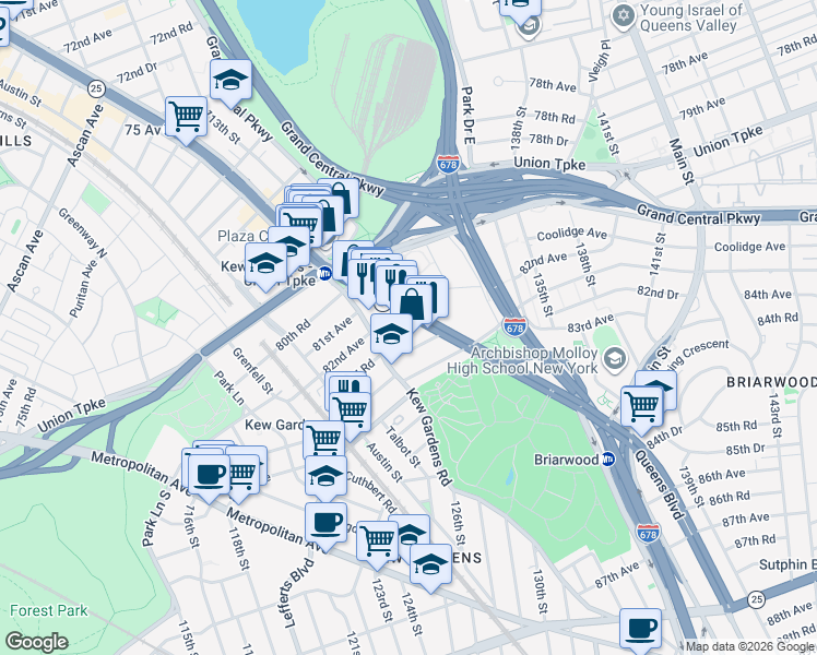 map of restaurants, bars, coffee shops, grocery stores, and more near 123-32 82nd Avenue in Queens