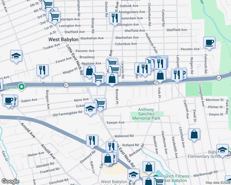 map of restaurants, bars, coffee shops, grocery stores, and more near 630 Sunrise Highway in West Babylon