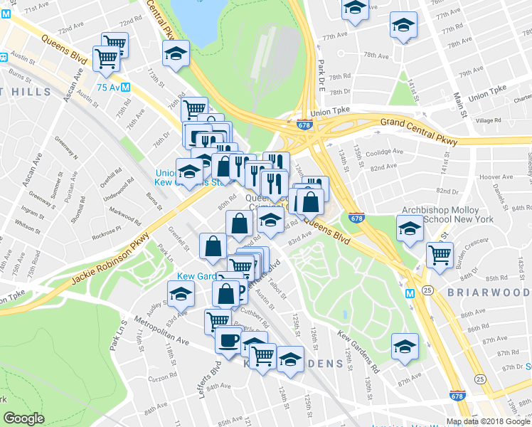 map of restaurants, bars, coffee shops, grocery stores, and more near 45 Kew Gardens Road in Queens