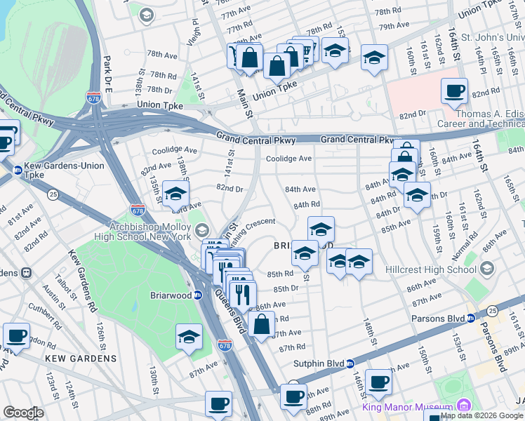 map of restaurants, bars, coffee shops, grocery stores, and more near 141-60 84th Road in Queens
