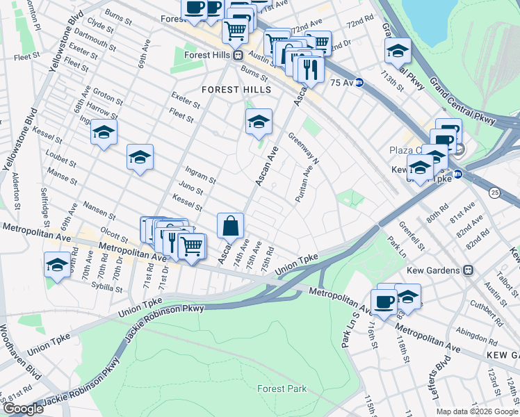 map of restaurants, bars, coffee shops, grocery stores, and more near 21 Ingram Street in Queens