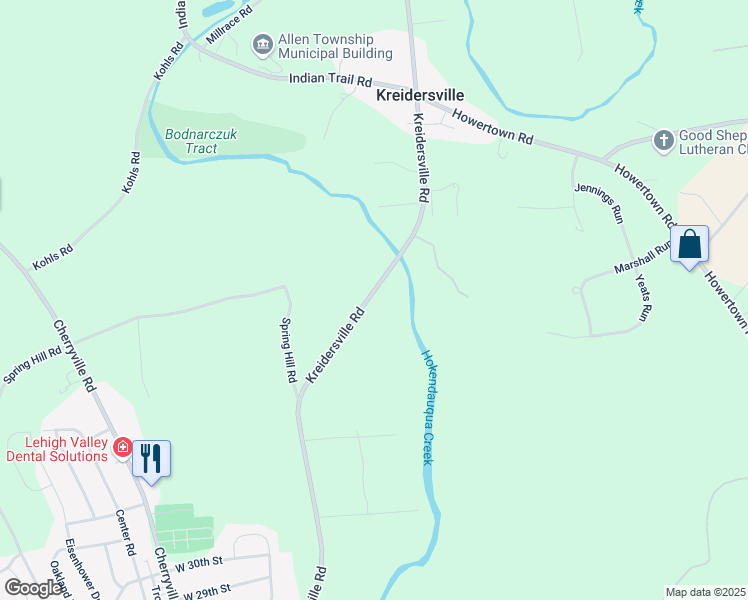 map of restaurants, bars, coffee shops, grocery stores, and more near 3468 Kreidersville Road in Northampton