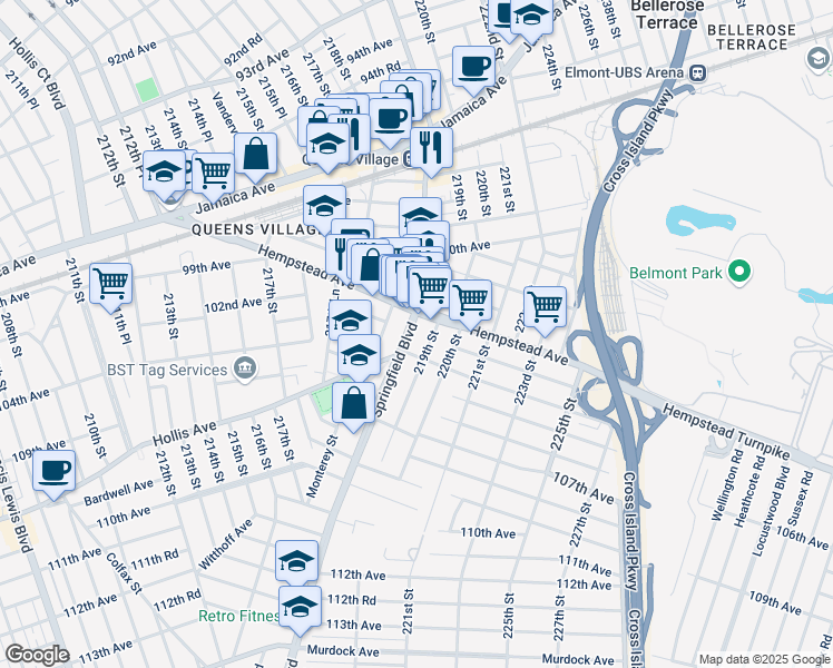 map of restaurants, bars, coffee shops, grocery stores, and more near 10319 Springfield Boulevard in Queens