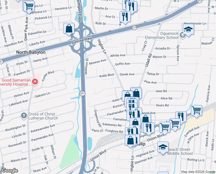 map of restaurants, bars, coffee shops, grocery stores, and more near 350 Higbie Lane in West Islip