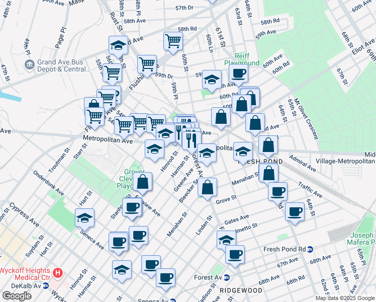 map of restaurants, bars, coffee shops, grocery stores, and more near 56-17 Metropolitan Avenue in Queens
