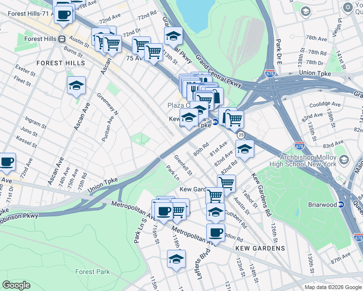 map of restaurants, bars, coffee shops, grocery stores, and more near in Queens