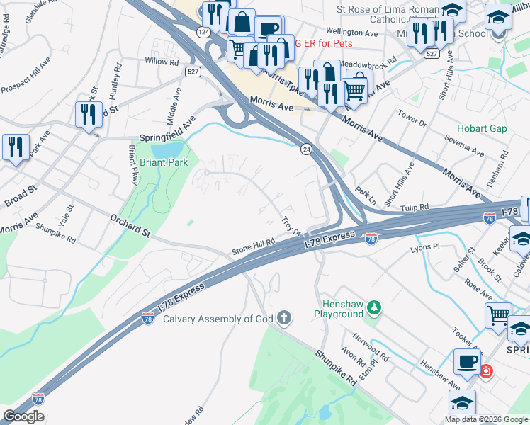 map of restaurants, bars, coffee shops, grocery stores, and more near 18 Troy Drive in Springfield