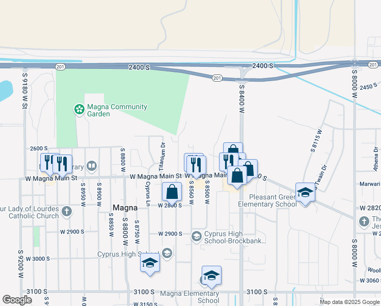 map of restaurants, bars, coffee shops, grocery stores, and more near 2617 South 8590 West in Magna