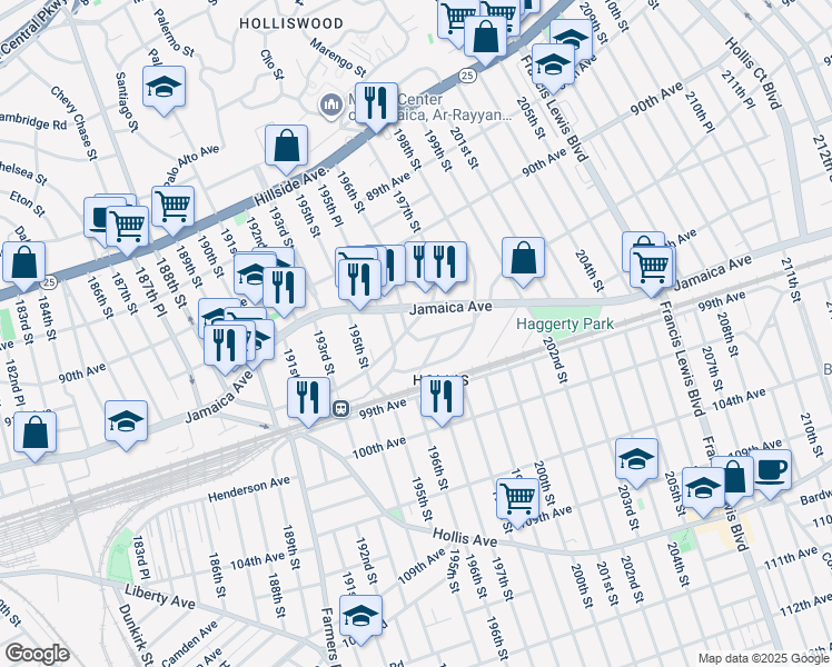 map of restaurants, bars, coffee shops, grocery stores, and more near 92-06 196th Street in Queens