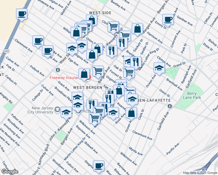 map of restaurants, bars, coffee shops, grocery stores, and more near 104 Ege Avenue in Jersey City