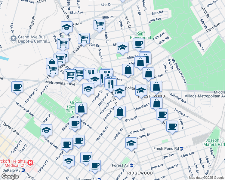 map of restaurants, bars, coffee shops, grocery stores, and more near 56-17 Metropolitan Avenue in Queens