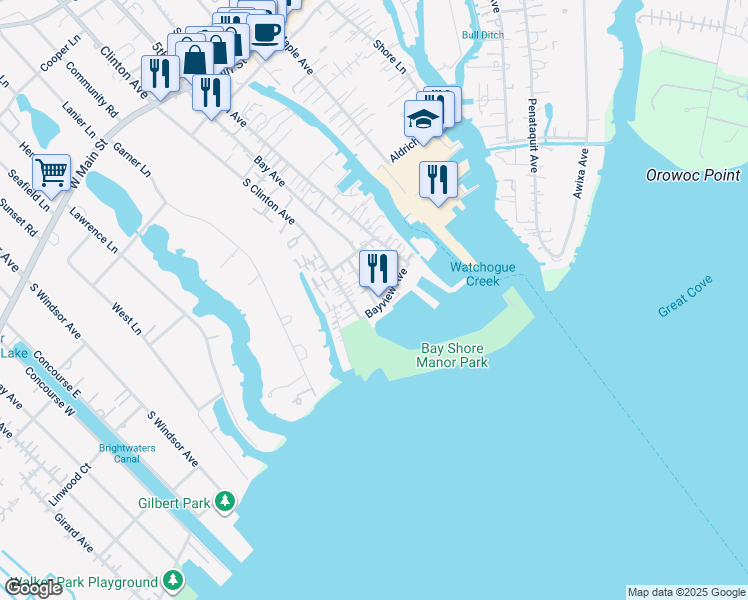 map of restaurants, bars, coffee shops, grocery stores, and more near 19 Auburn Avenue in Bay Shore