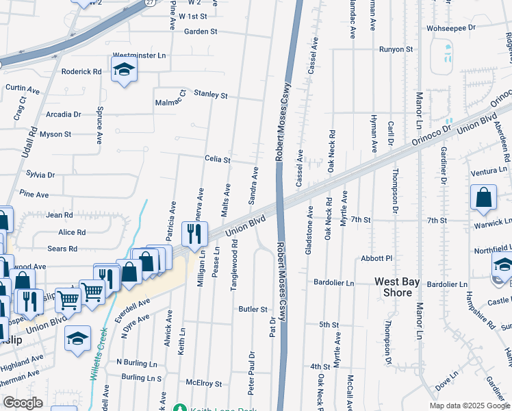 map of restaurants, bars, coffee shops, grocery stores, and more near 615 Sandra Avenue in West Islip