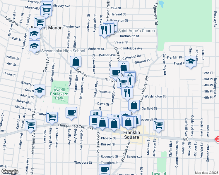map of restaurants, bars, coffee shops, grocery stores, and more near 182 Lexington Avenue in Franklin Square