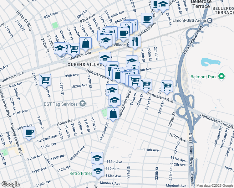 map of restaurants, bars, coffee shops, grocery stores, and more near 102-20 218th Place in Queens