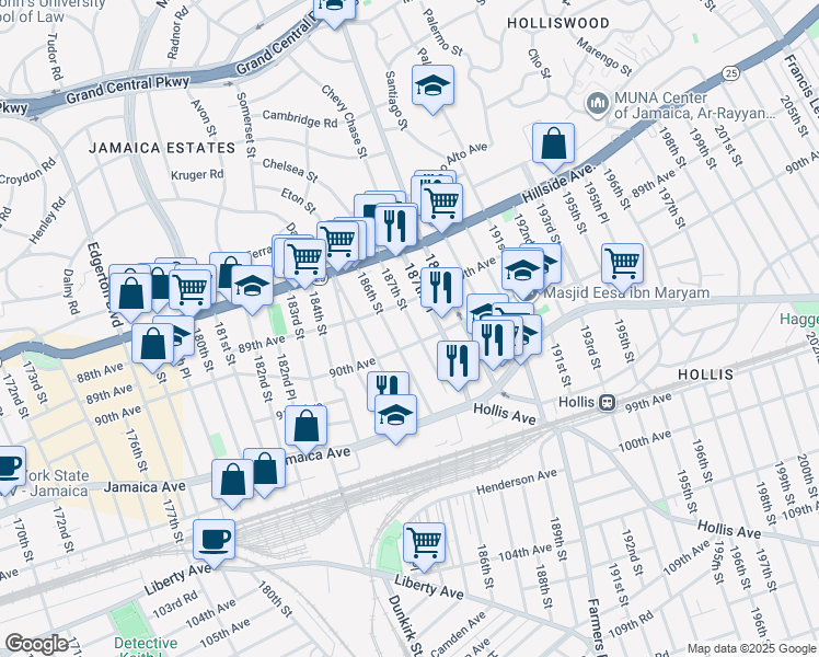 map of restaurants, bars, coffee shops, grocery stores, and more near 89-06 187th Street in Queens