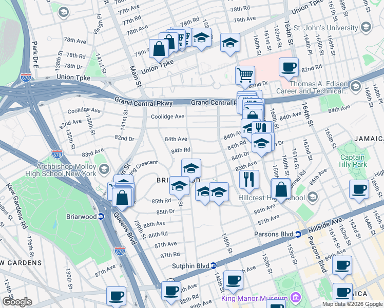 map of restaurants, bars, coffee shops, grocery stores, and more near 84-19 Smedley Street in Queens