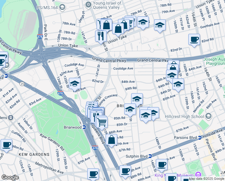 map of restaurants, bars, coffee shops, grocery stores, and more near 141-71 84th Road in Queens