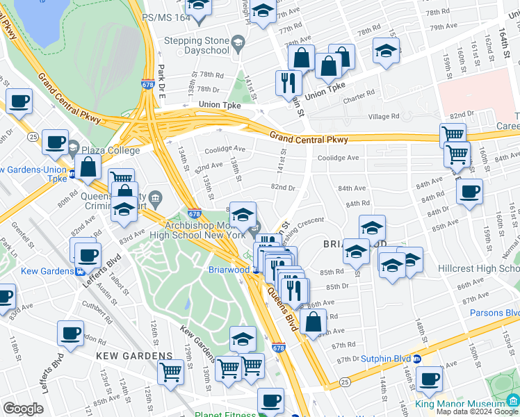 map of restaurants, bars, coffee shops, grocery stores, and more near 139-1 83rd Avenue in Queens
