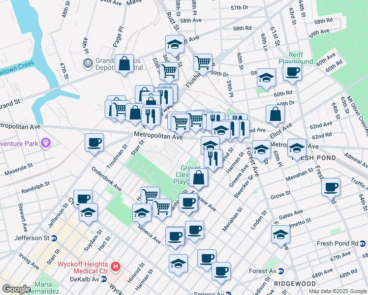 map of restaurants, bars, coffee shops, grocery stores, and more near 53-56 Metropolitan Avenue in Queens