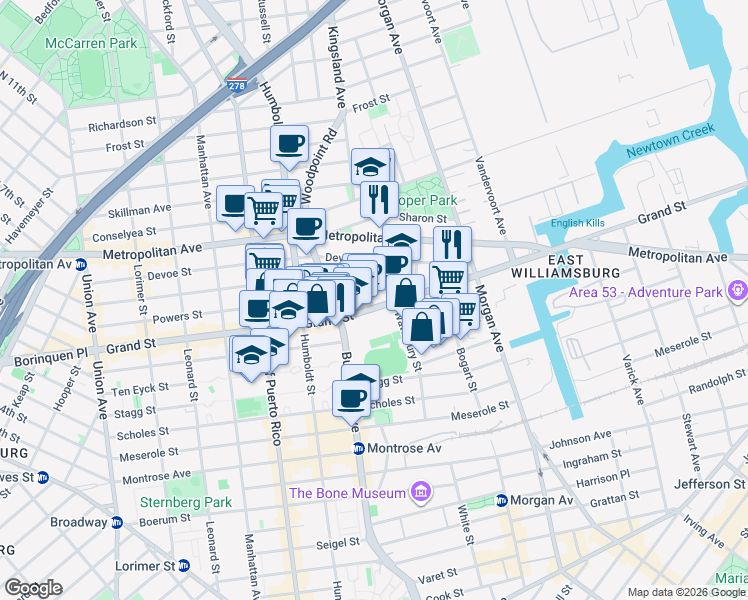 map of restaurants, bars, coffee shops, grocery stores, and more near 182 Powers Street in Brooklyn
