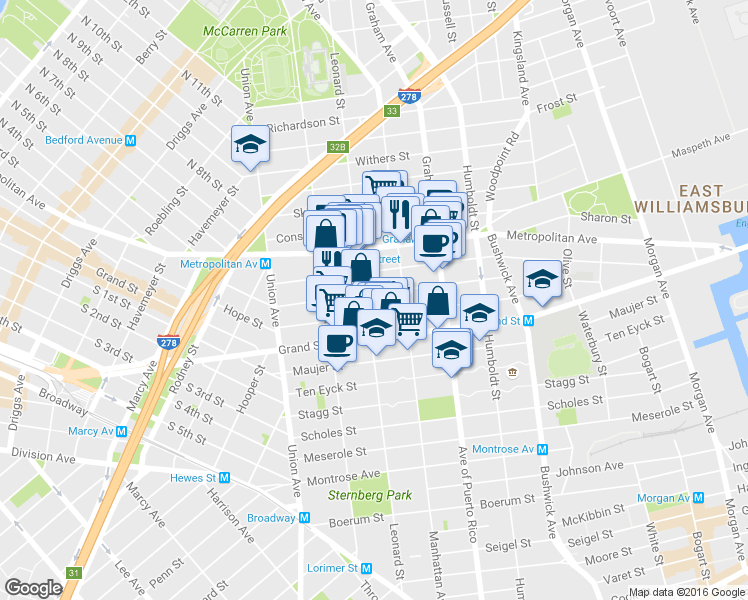map of restaurants, bars, coffee shops, grocery stores, and more near 179 Ainslie Street in Brooklyn