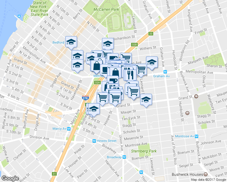 map of restaurants, bars, coffee shops, grocery stores, and more near 422 Union Avenue in Brooklyn